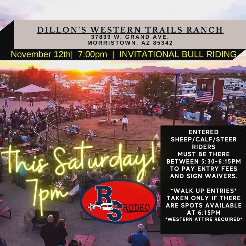 Text reads "invitational bull riding at Dillon's at Western Trails Ranch." November 12th, at 7:00 p.m.